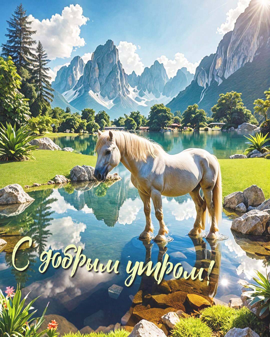 Лошадь в пруду, голубое небо, горы на заднем плане