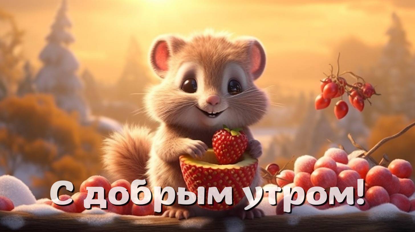 Маленькая белка с ягодами на рассвете