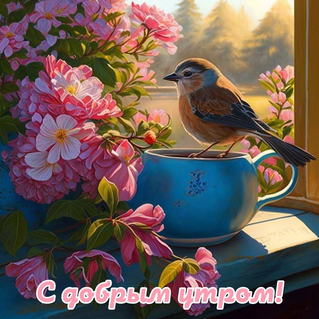 Маленькая птица на краю чашки с цветами
