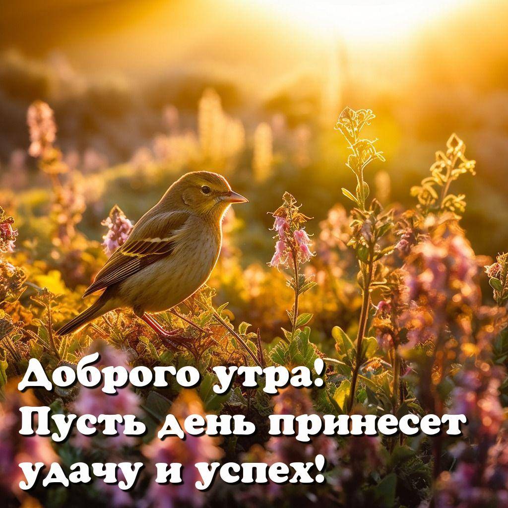 Маленькая птица среди полевых цветов, рассвет.