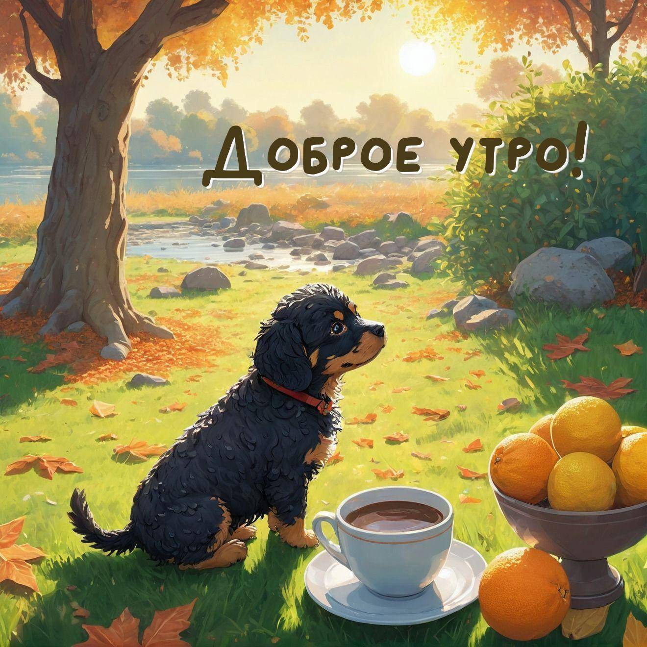 Маленькая собачка, белая чашка и ваза с апельсинами
