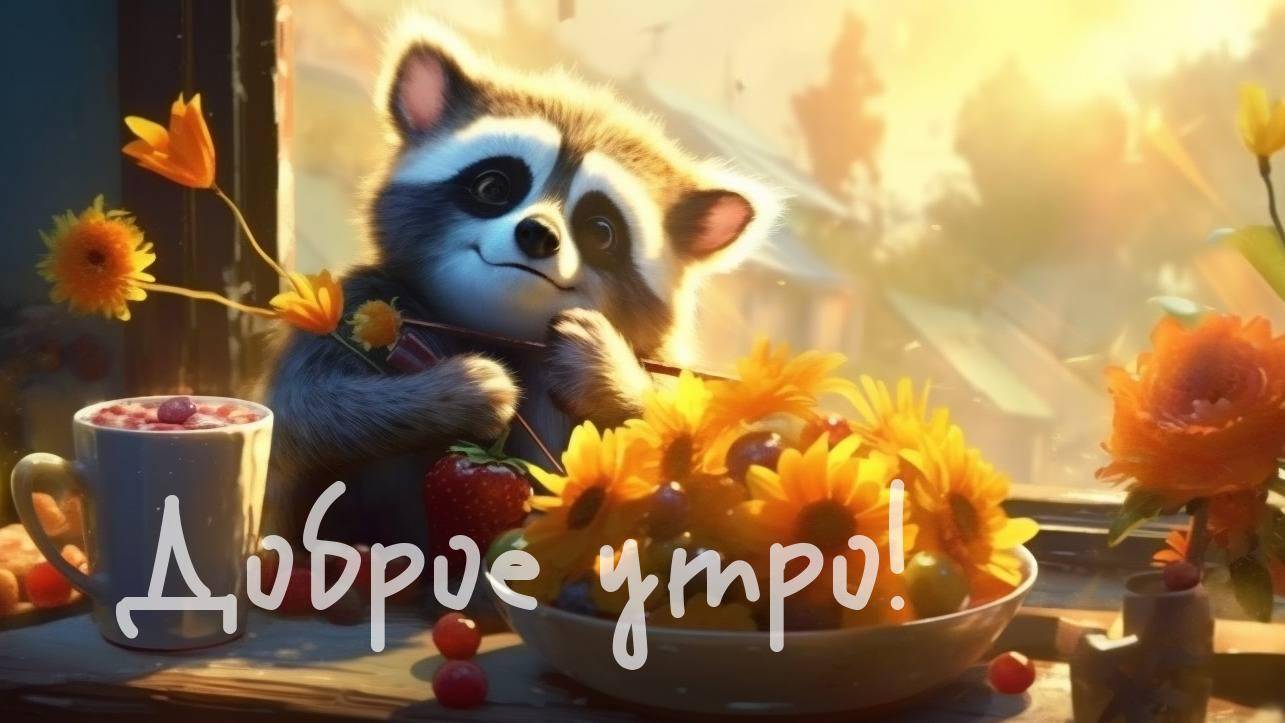 Маленький енот на подоконнике с чашкой какао и ягодами