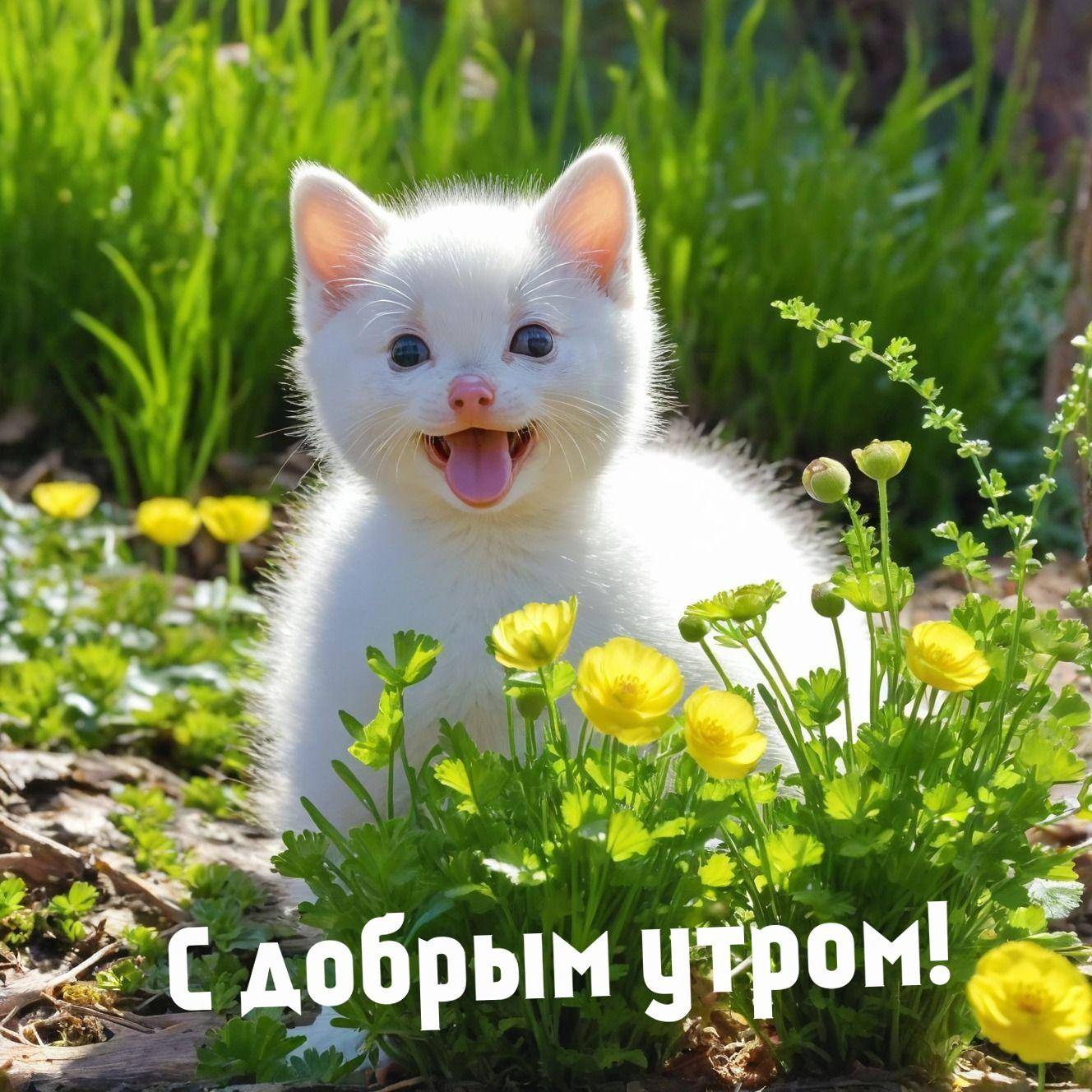 Маленький белый котёнок смешно корчит рожицу среди зелени и цветов