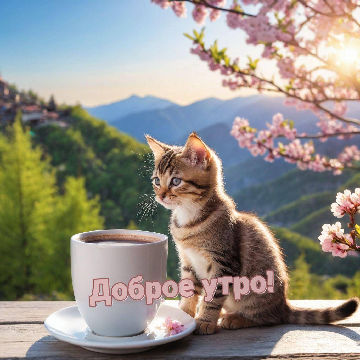 Маленький котёнок на столе с чашкой кофе на фоне гор и деревьев