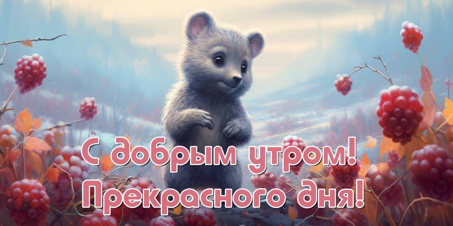 Маленький медвежонок среди ягод на утреннем свете