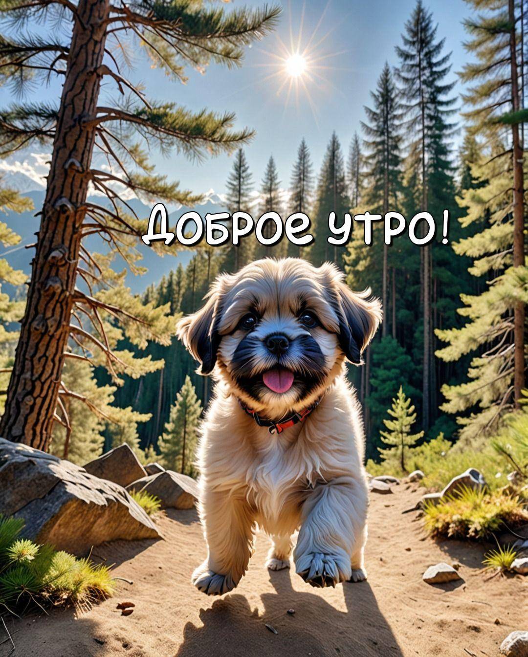 Маленький щенок бежит по лесной тропинке среди деревьев