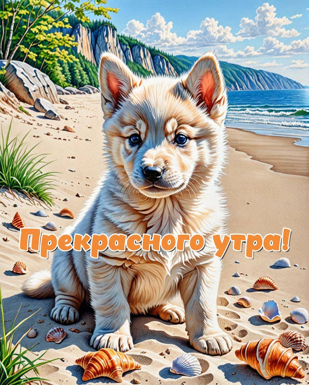 Маленький щенок на пляже, ракушки, море