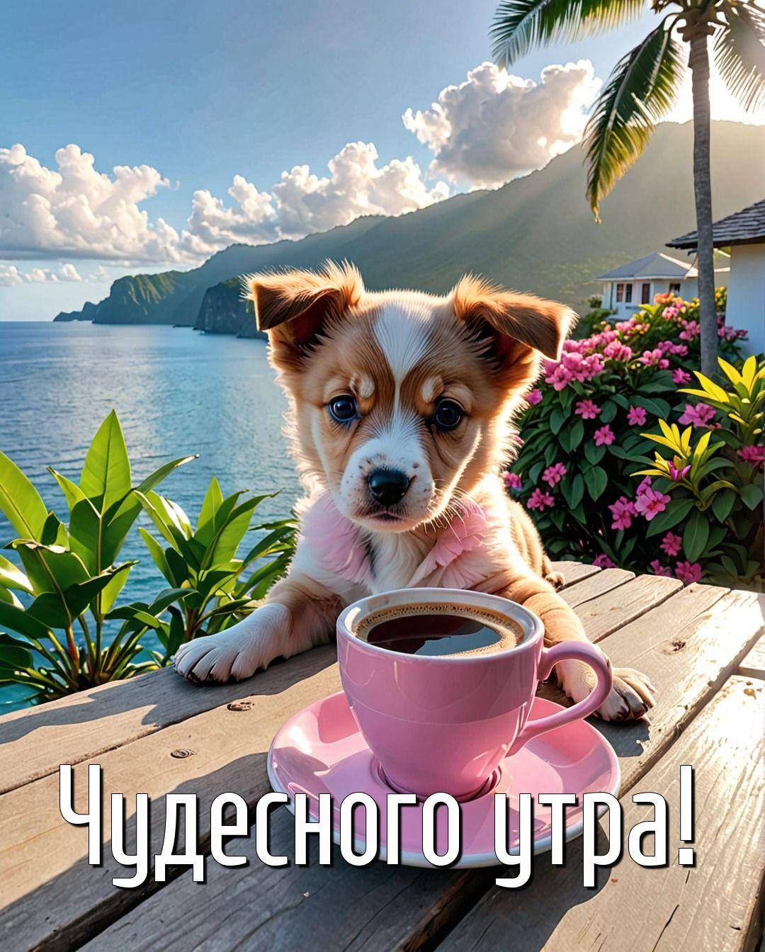 Маленький щенок за столом с розовой чашкой на фоне моря и гор