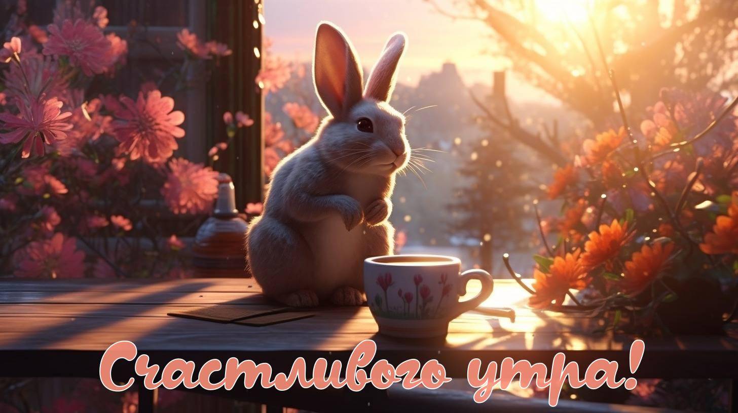 Маленький заяц на столе, окруженный яркими цветами, смотрит на восход.