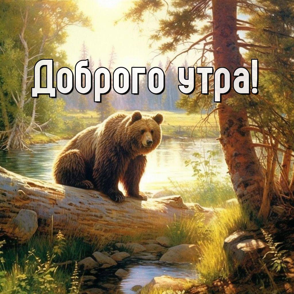Медведь на бревне у воды в лесу