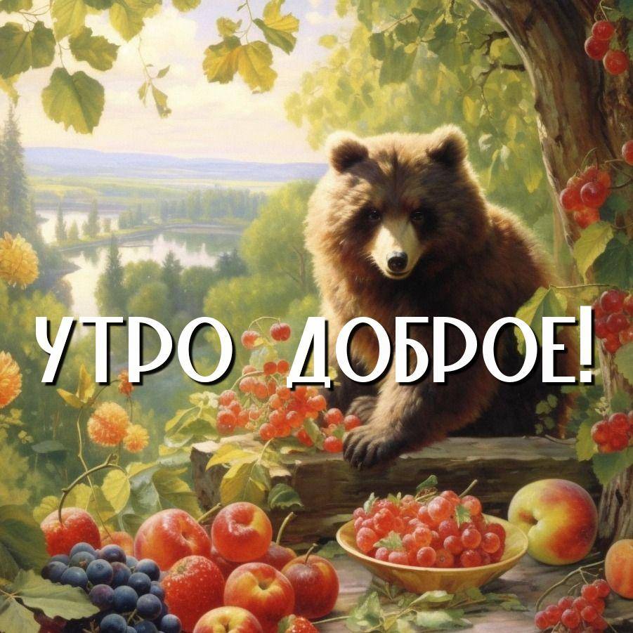 Медведь на фоне природы, рядом фрукты