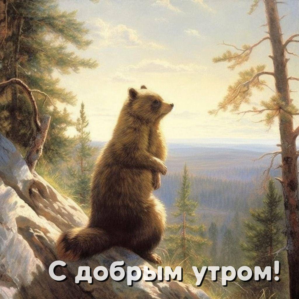 Медведь стоит на задних лапах на скале, лес вокруг.