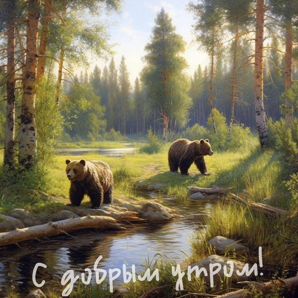 Медведи у реки среди леса