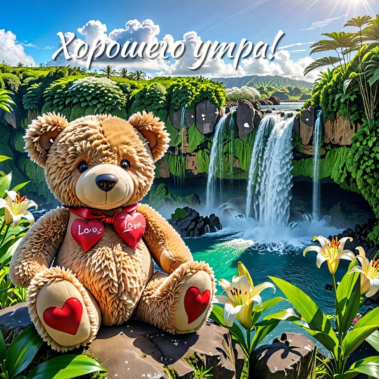 Медвежонок на камне у водопада с бантиком Love