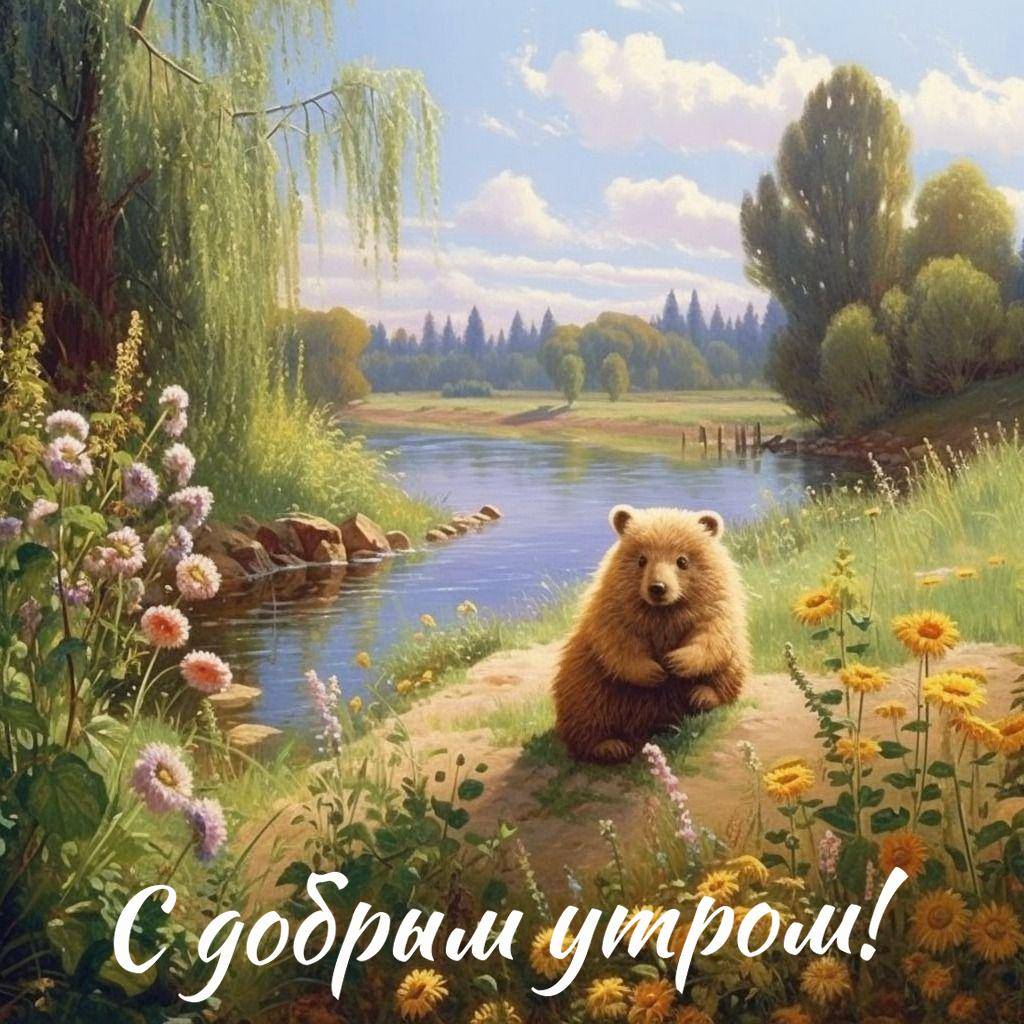 Медвежонок на траве у реки, цветы и деревья