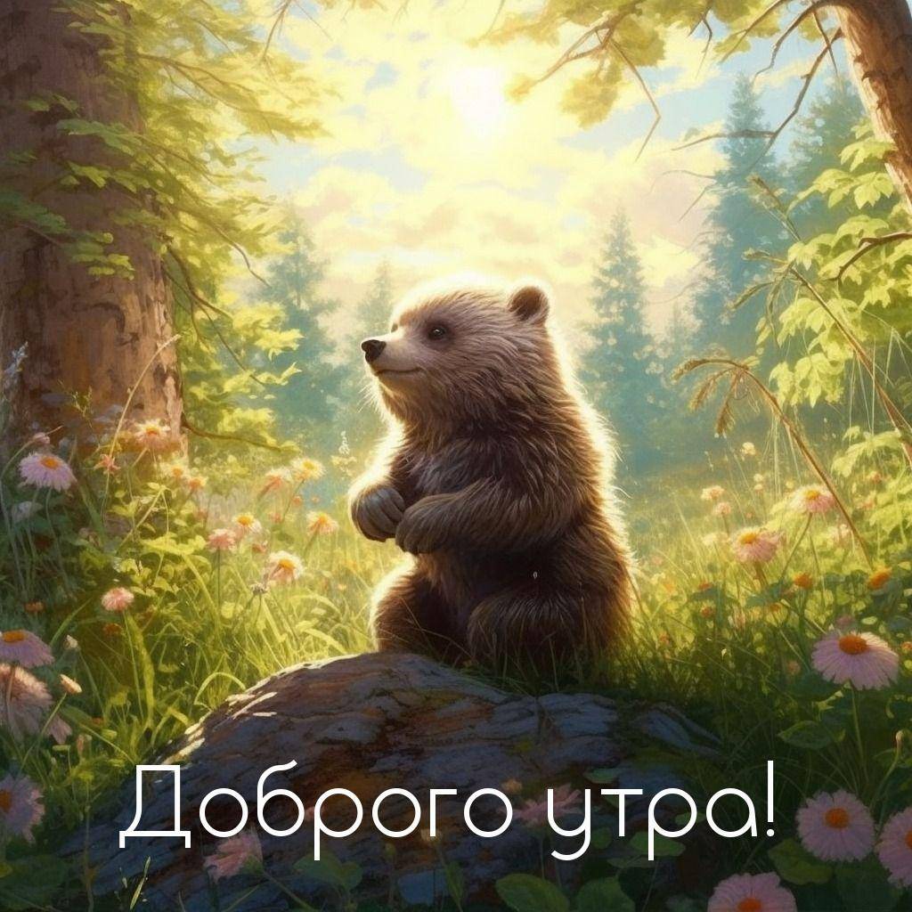 Медвежонок сидит на камне в лесу с цветами
