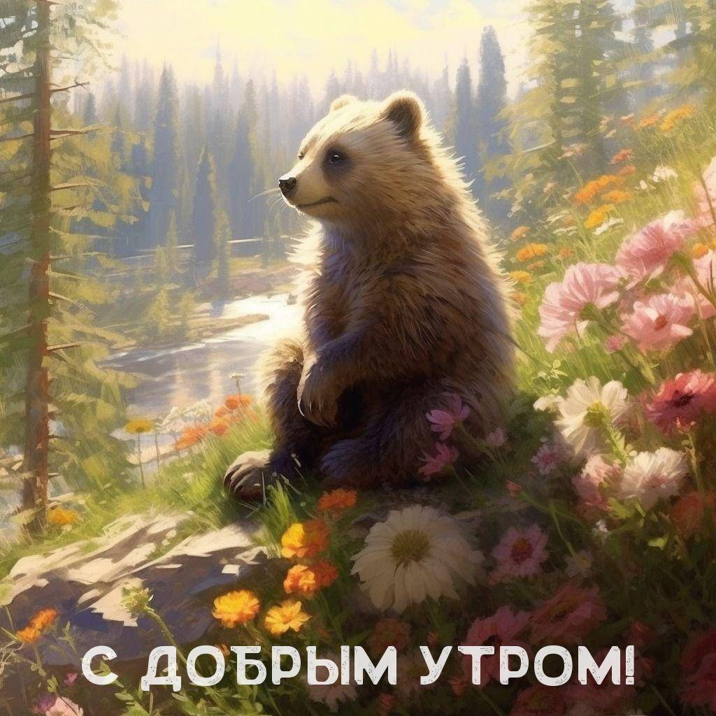 Медвежонок среди цветов и природы