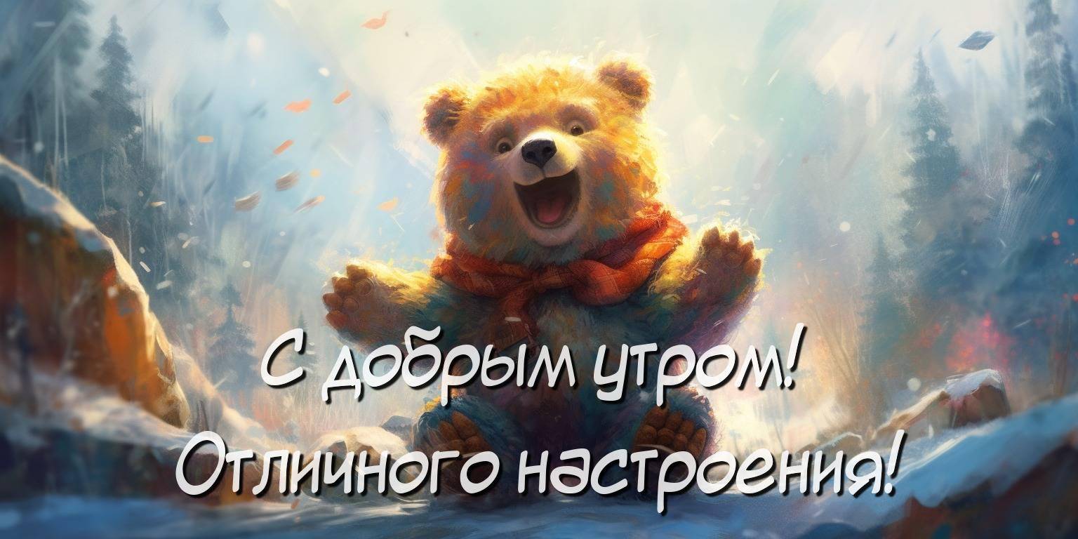 Медвежонок в шарфе сидит на снегу среди деревьев