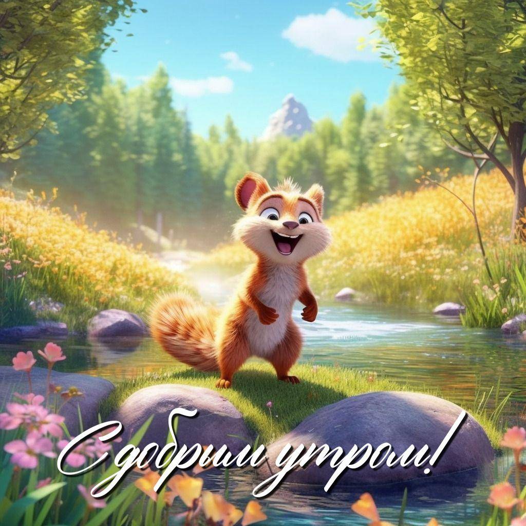 Милая белка на зеленом островке среди природы