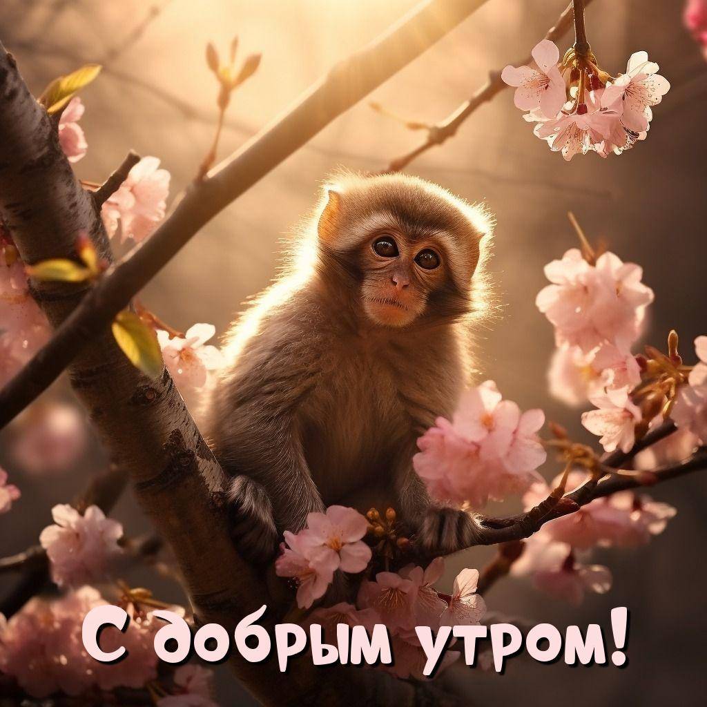 Милая обезьянка на ветке с розовыми цветами
