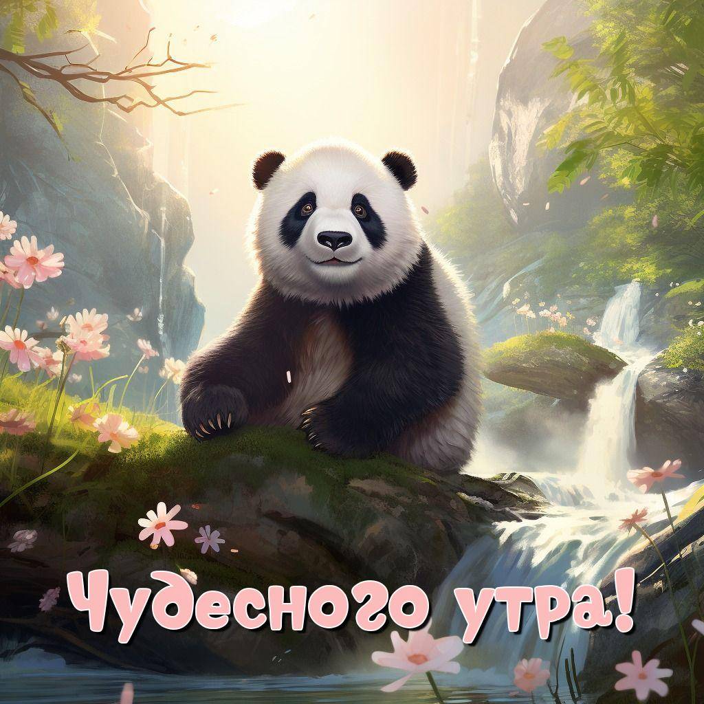 Милая панда сидит на траве у ручья
