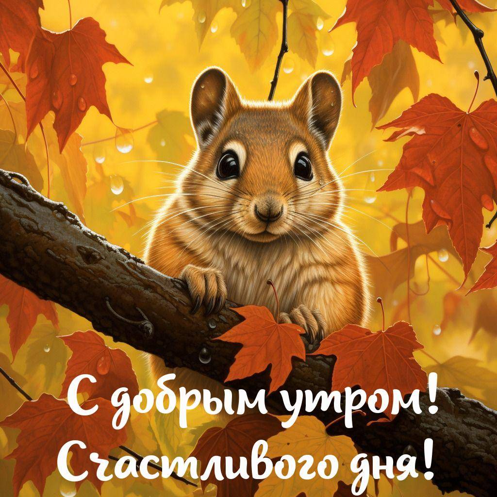 Милая рыжая мышка на ветке с осенними листьями
