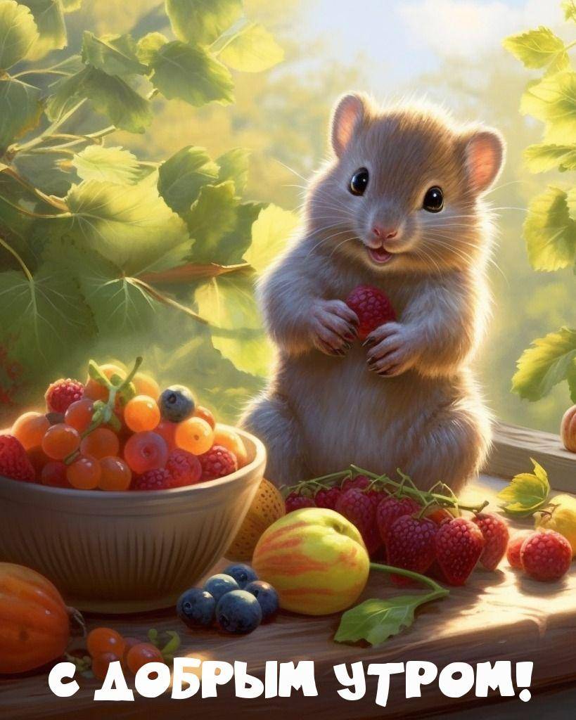 Милая зверушка держит малину среди фруктов