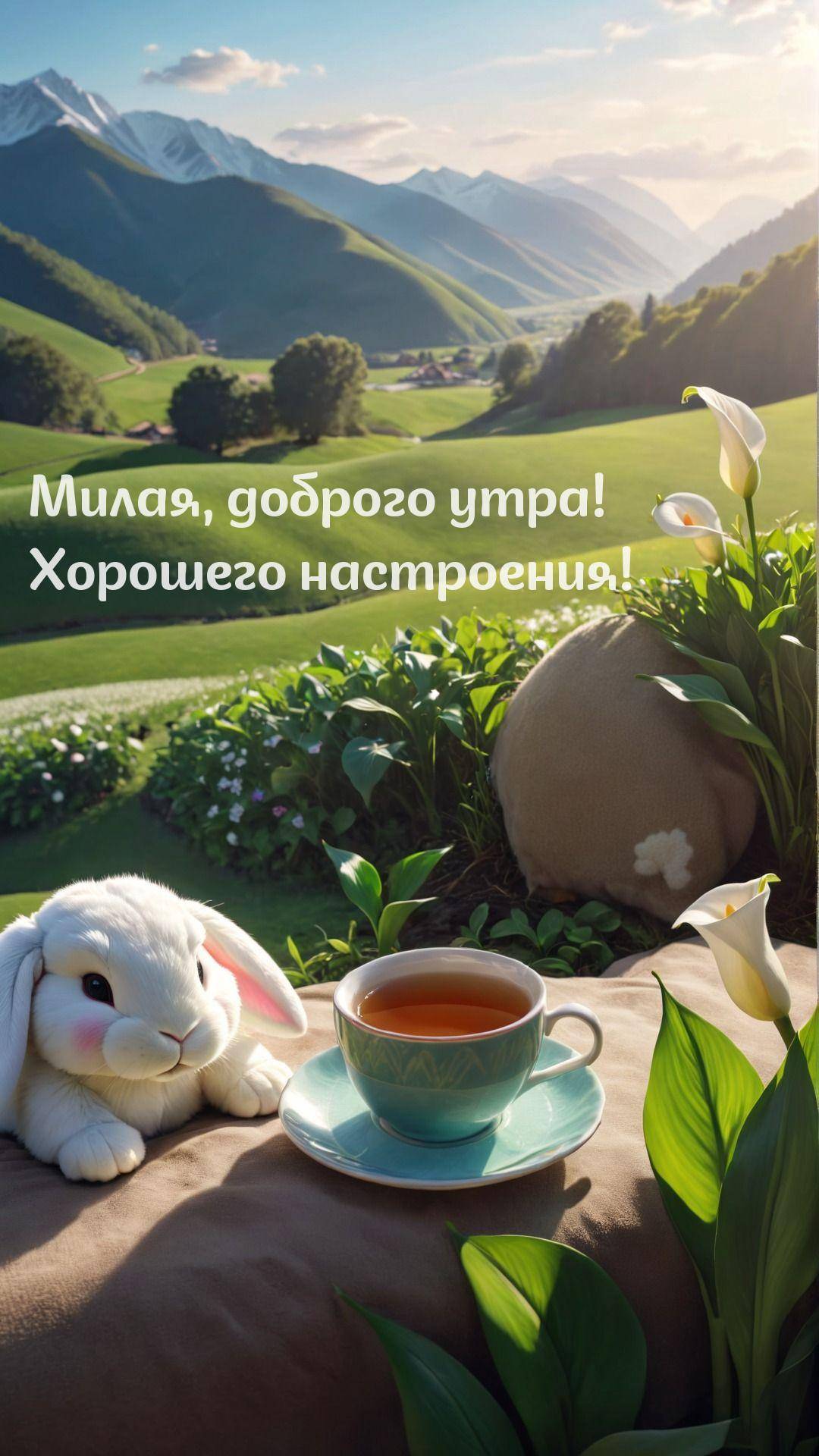 Милый белый кролик, чашка чая, пейзаж