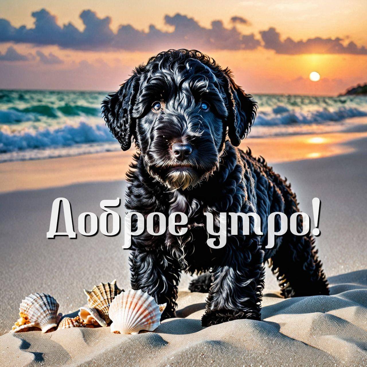 Милый черный щенок с кучерявой шерстью на песчаном пляже