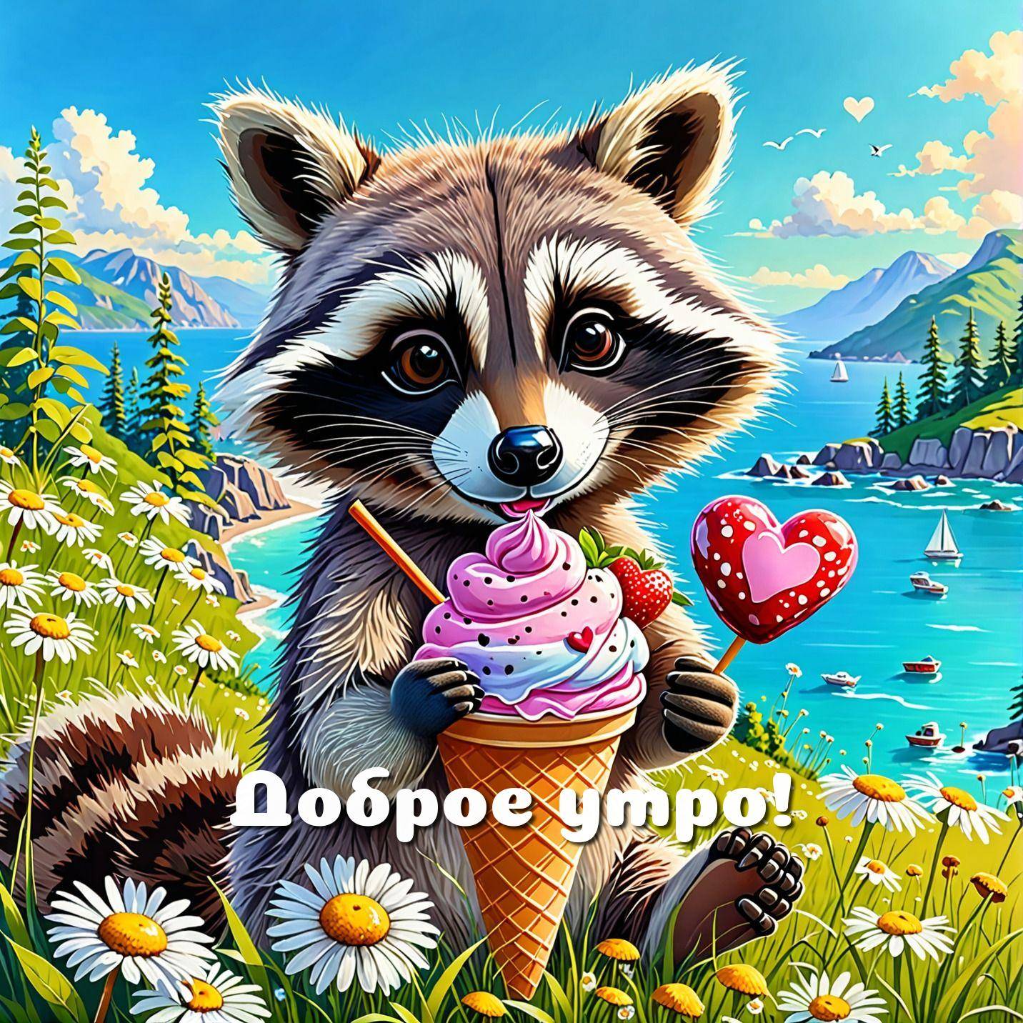Милый енот с мороженым и леденцом