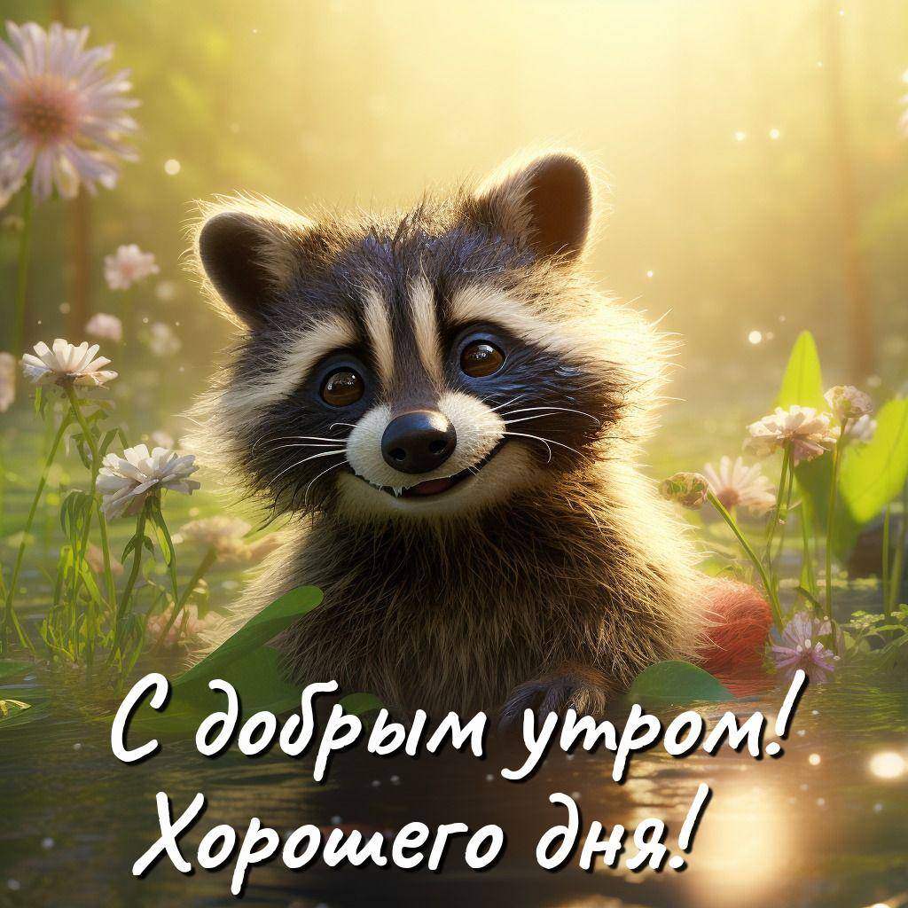 Милый енот в воде с цветами и растениями