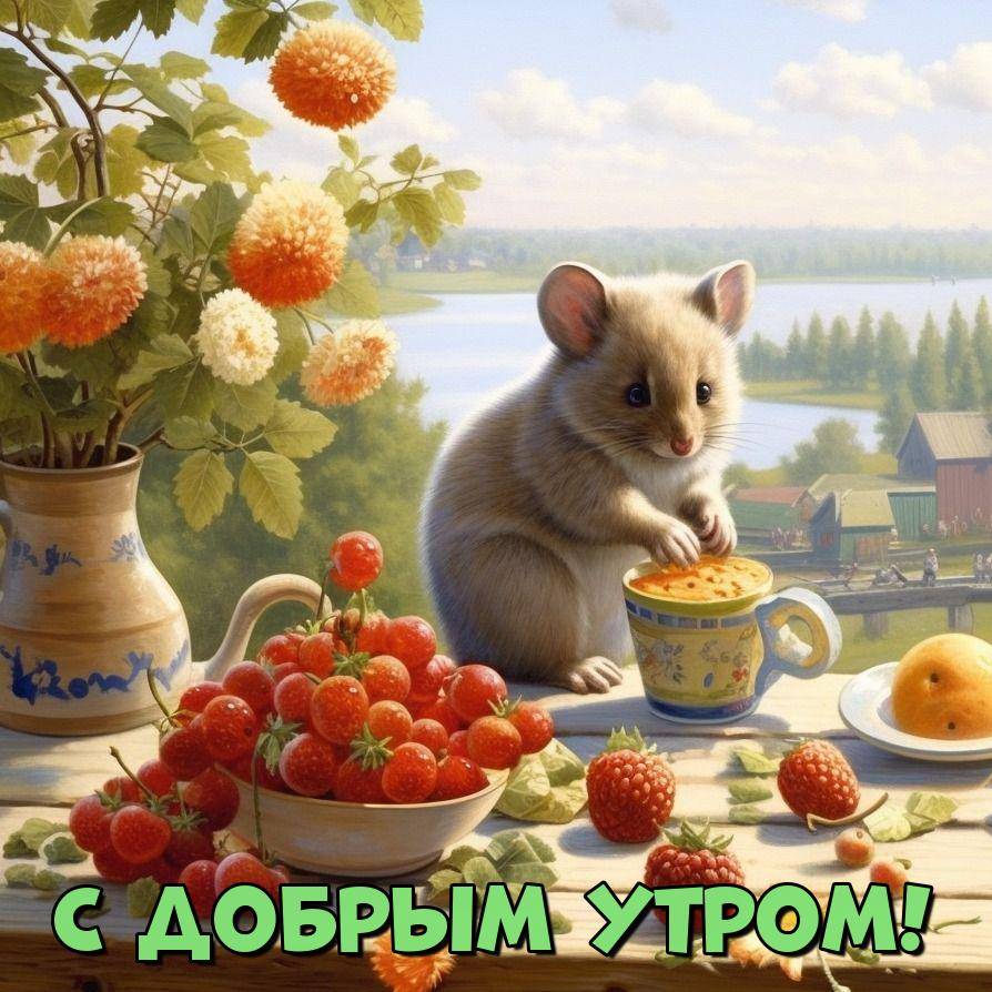 Милый грызун, играющий с чашкой, на столе с ягодами и цветами