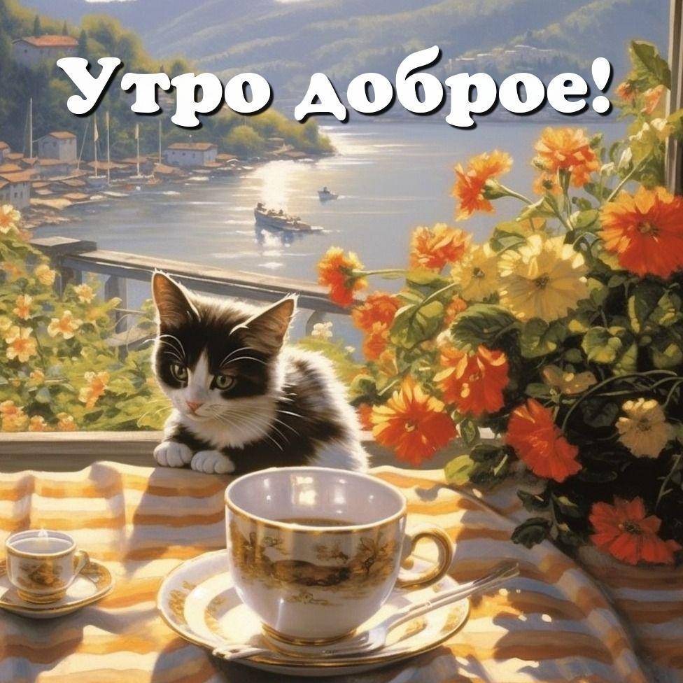 Милый кот и пейзаж с озером и горами