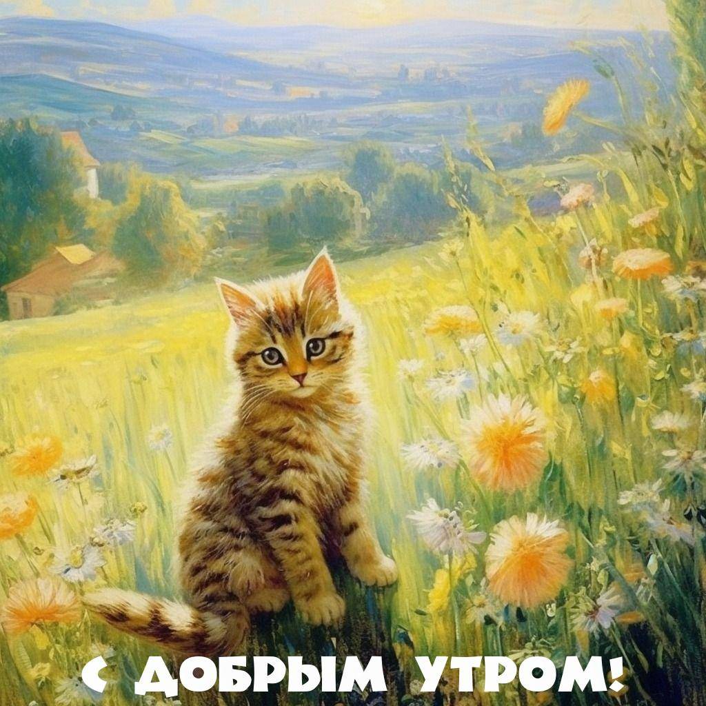 Милый котенок на траве среди цветов