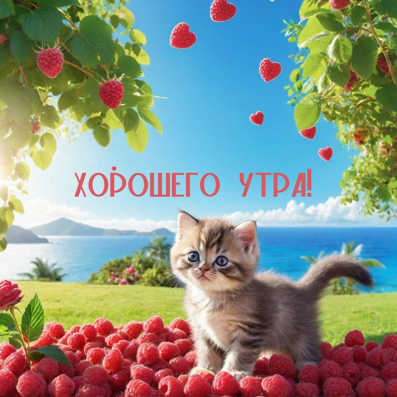Милый котенок на зеленом лугу с малиной