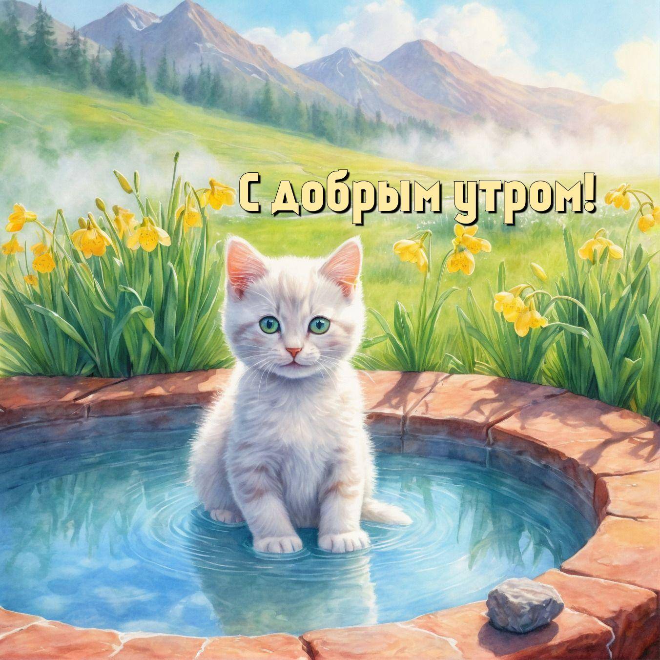 Милый котенок в каменном фонтане среди цветов