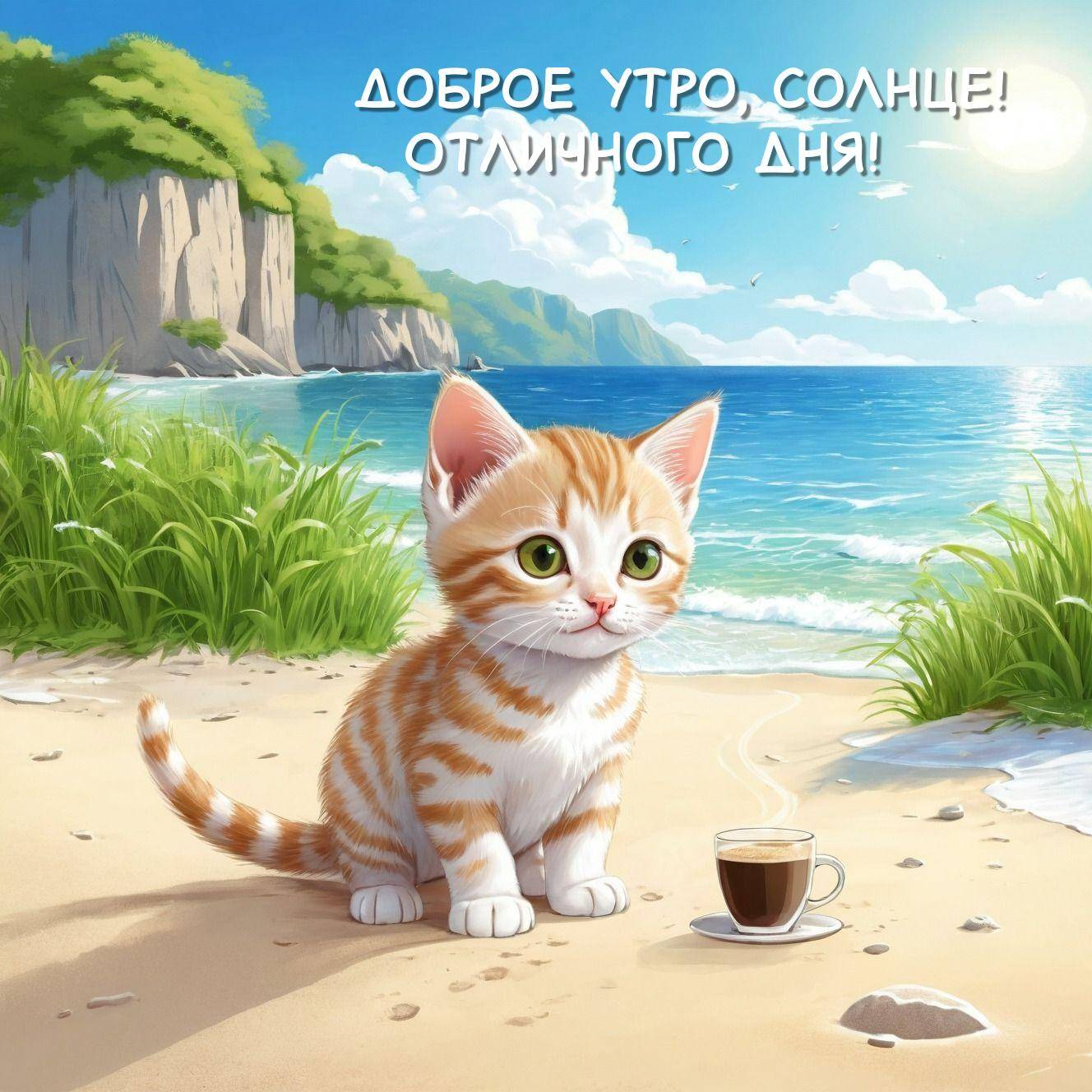 Милый котёнок на пляже с чашкой кофе