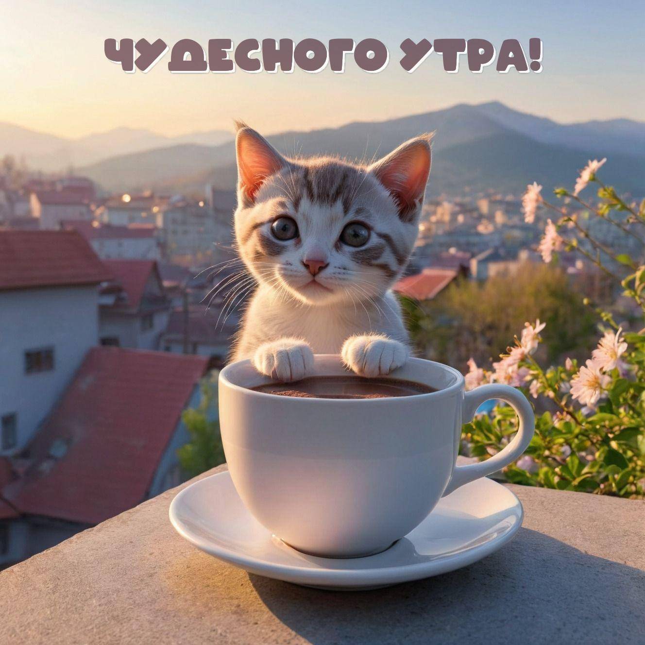 Милый котёнок в чашке на фоне пейзажа