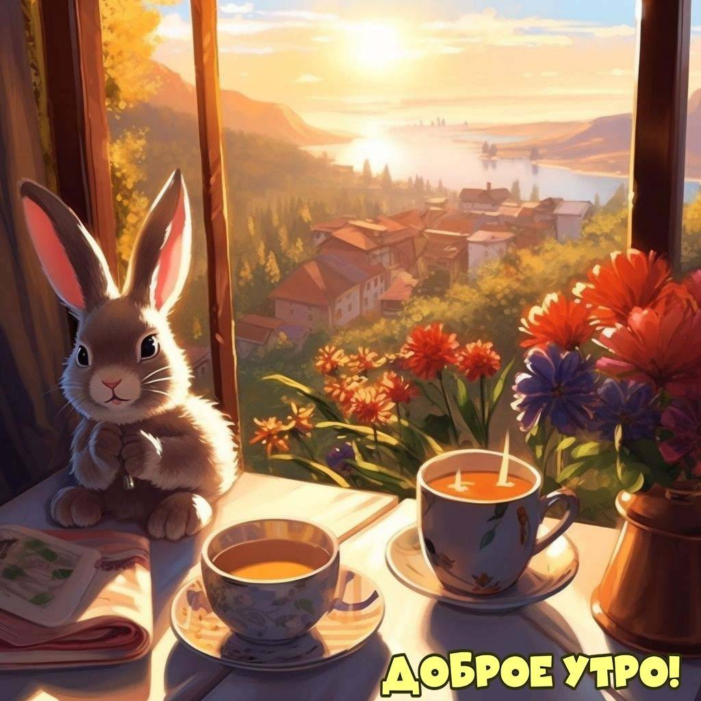 Милый кролик, чайные чашки, книга и цветы на фоне пейзажа