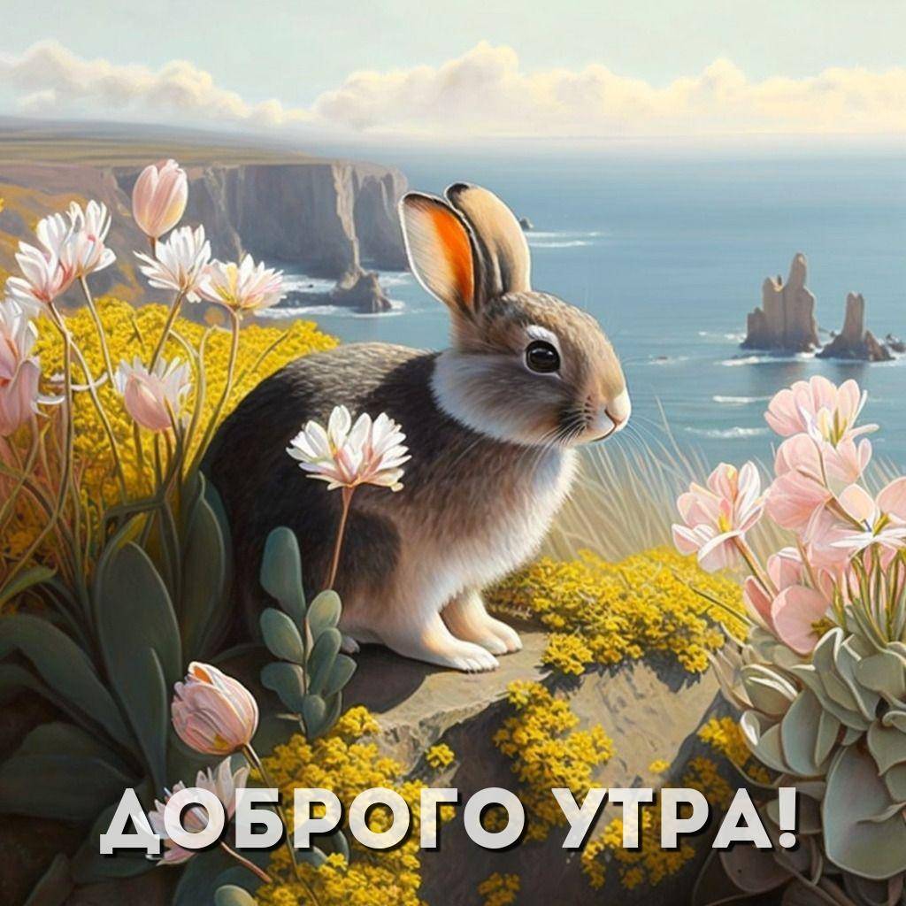 Милый кролик на камне среди цветов