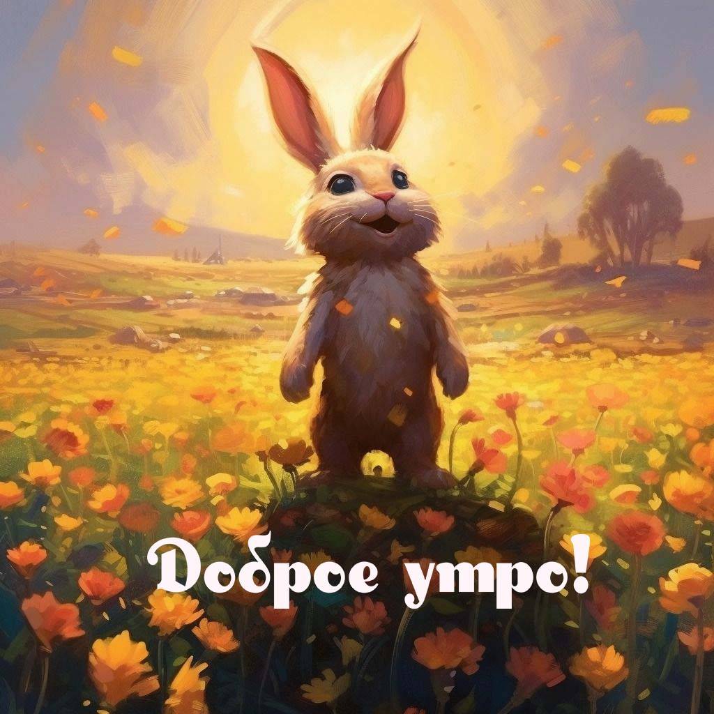 Милый кролик стоит в поле с цветами.