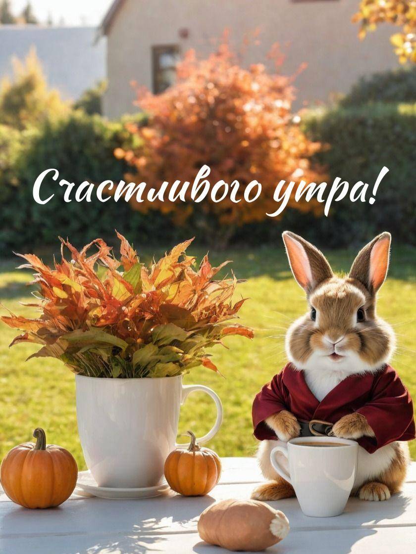 Милый кролик в красном халате с чашкой за столом.