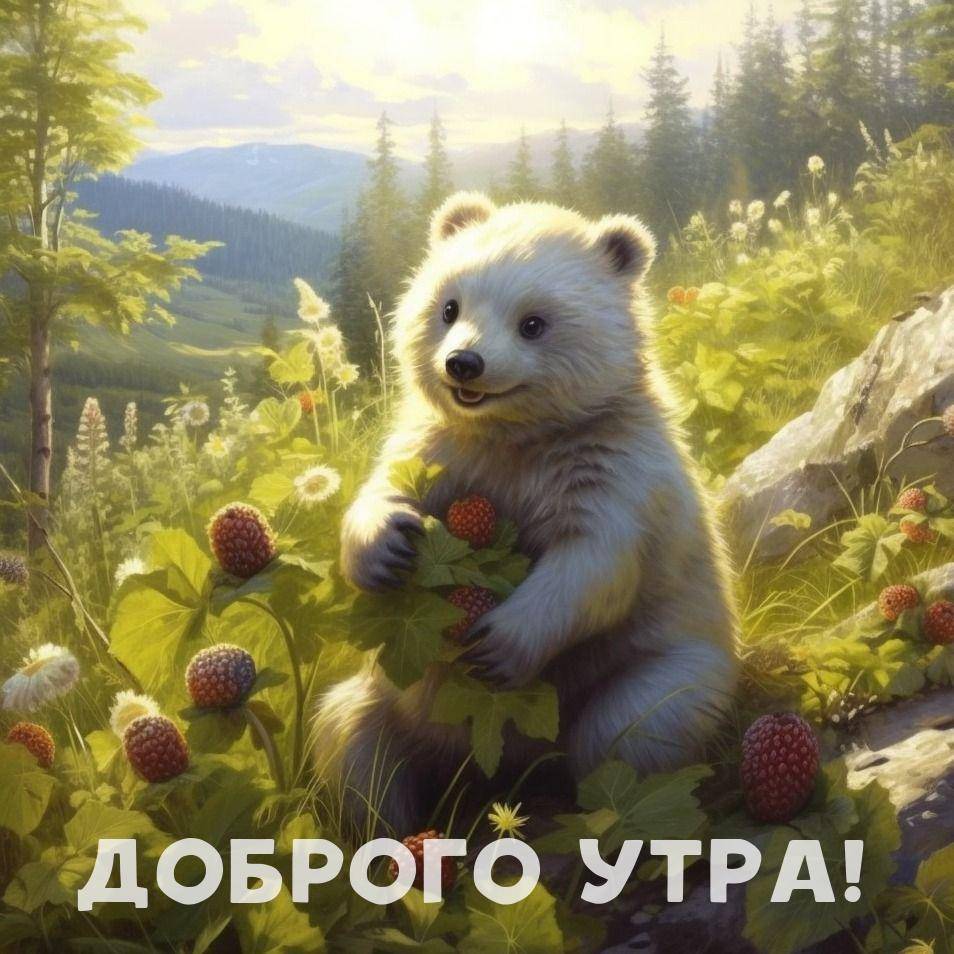 Милый медвежонок на траве с ягодами и листьями