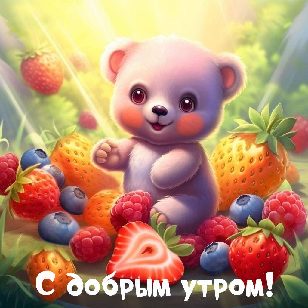 Милый медвежонок с яркими фруктами