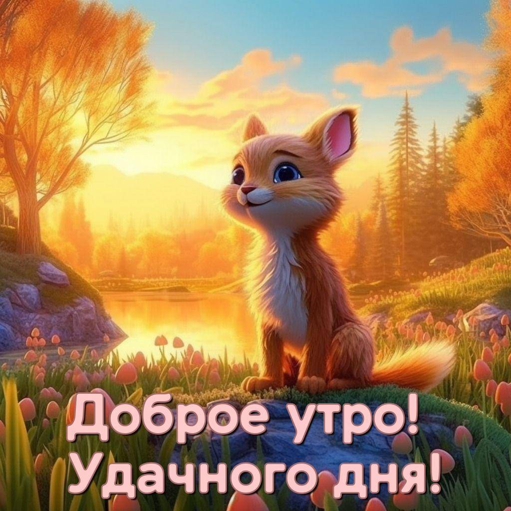 Милый мультяшный лисёнок на камне у озера