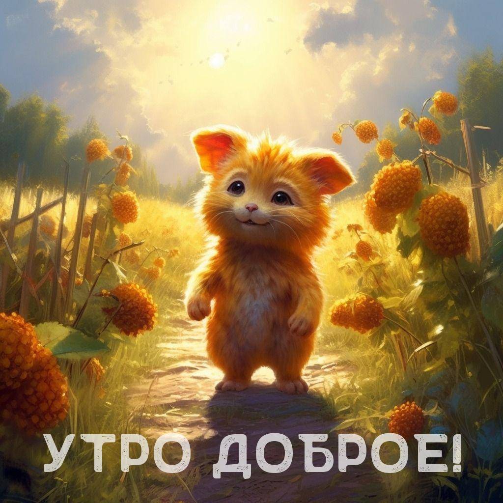 Милый оранжевый котенок на тропинке среди цветов