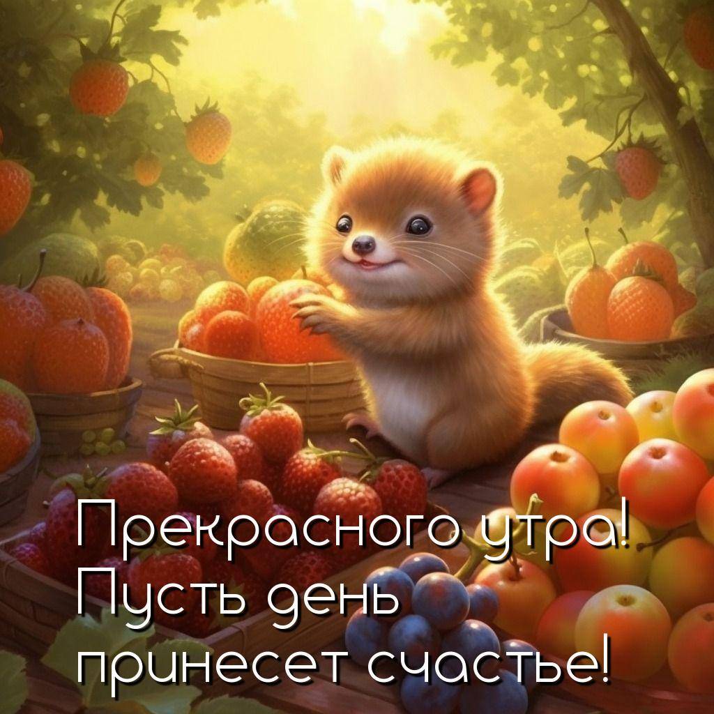 Милый пушистый зверек среди фруктов