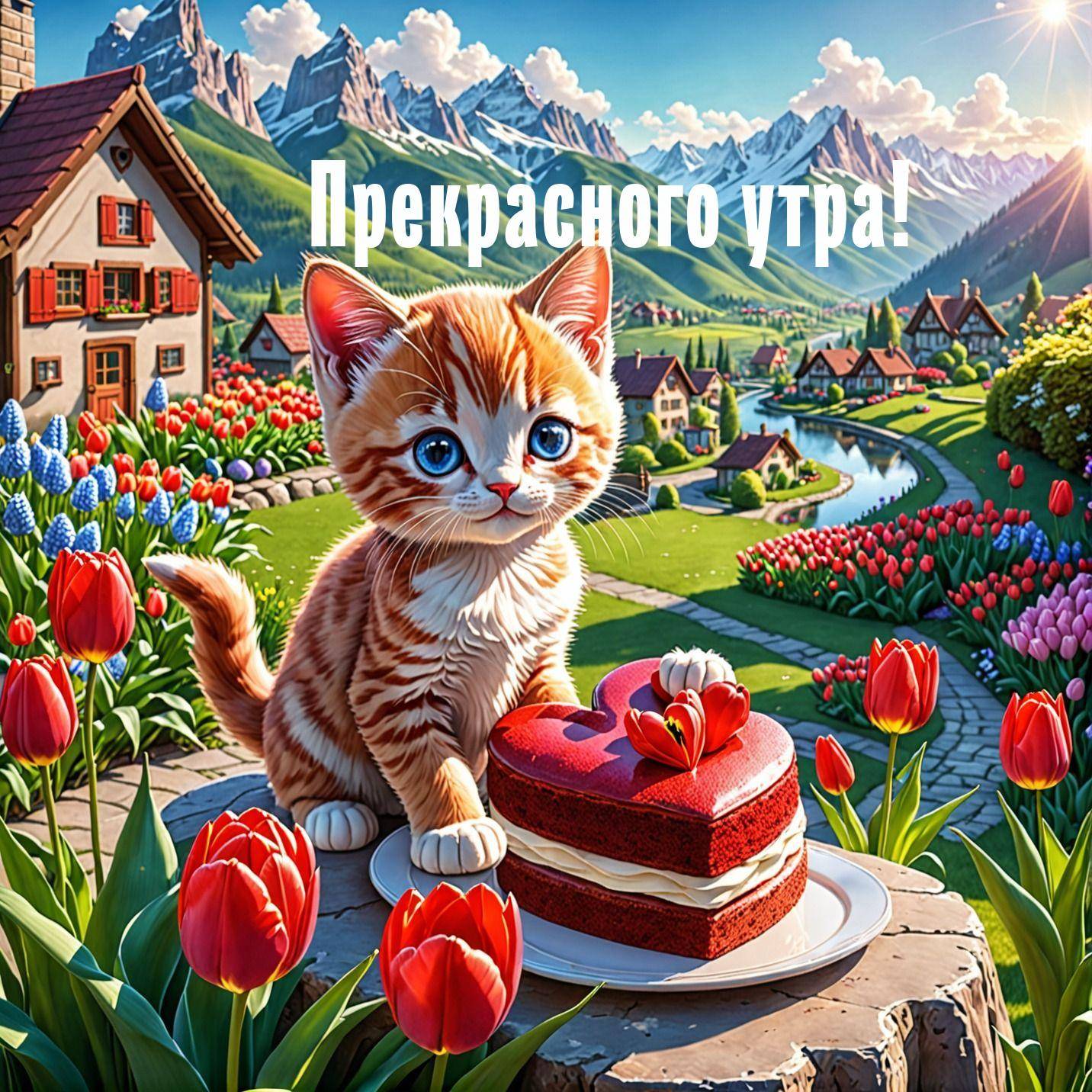 Милый рыжий котенок и торт на фоне природы