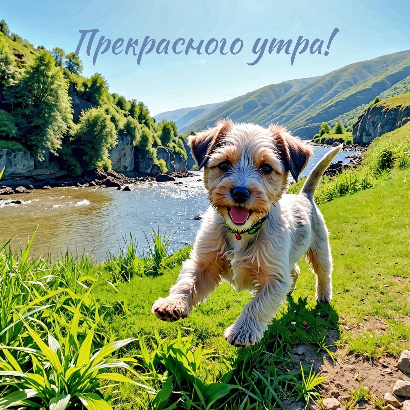 Милый щенок бежит по траве перед озером