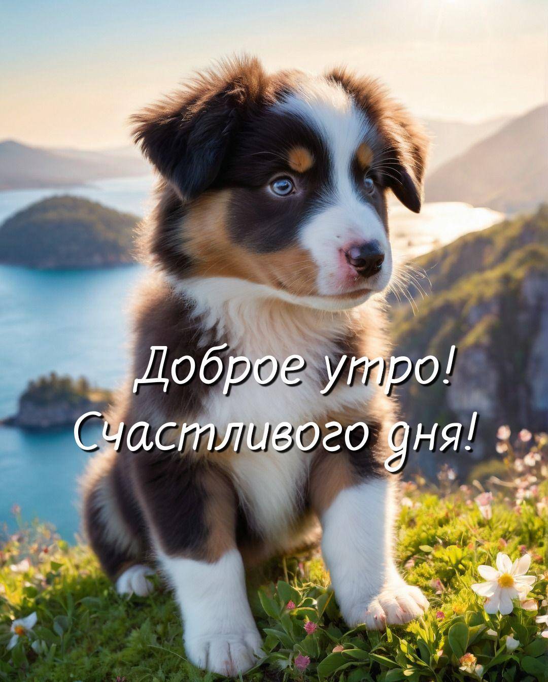 Милый щенок на фоне живописного пейзажа